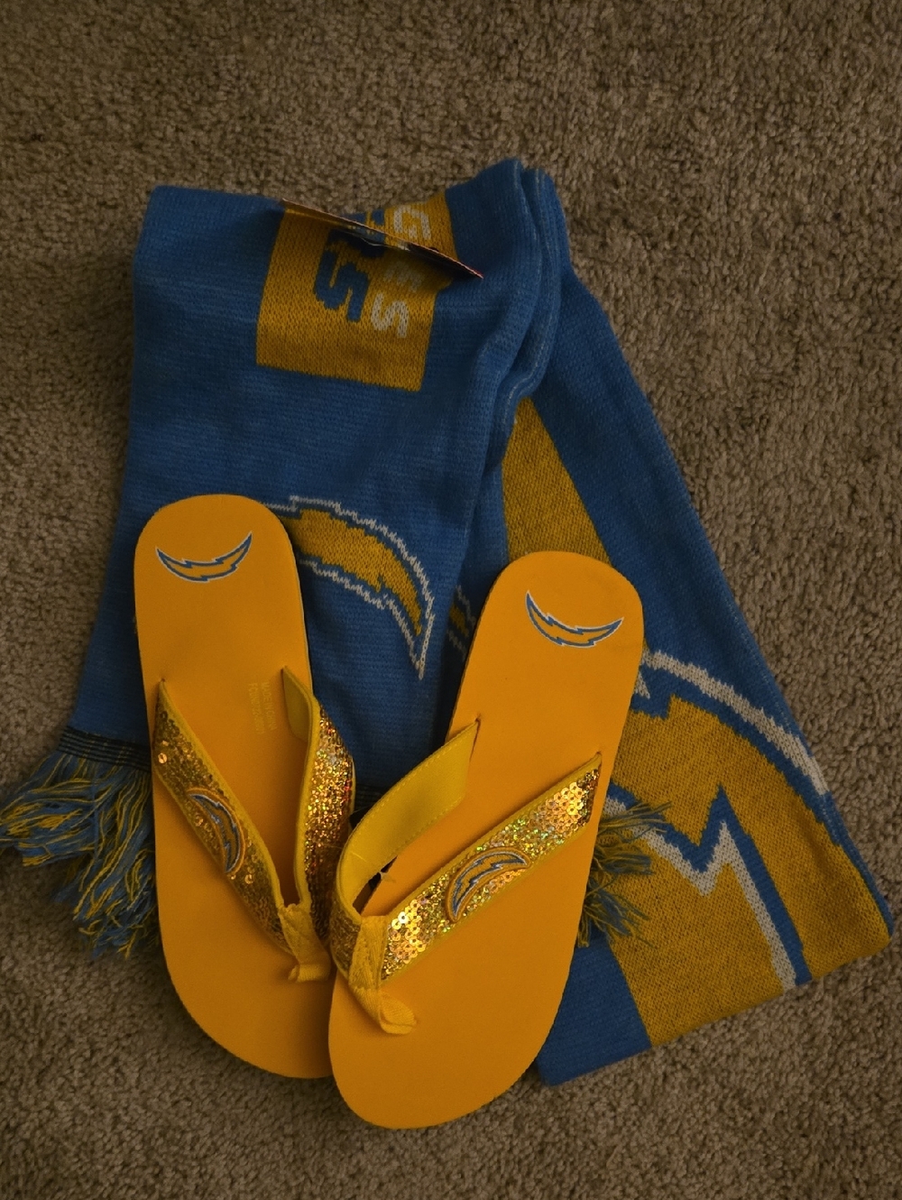 Chargers Logo Flip Flops with Blue & Gold Team Scarf - Men, Bundle Of 2 Item